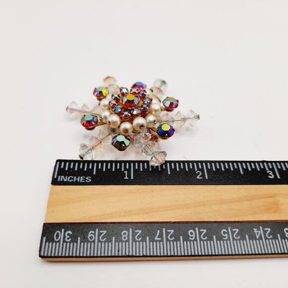 Vintage Snowflake Faux Pearl Red Rhinestone Clear Crystal Beaded Brooch - 2” - Picture 5 of 6